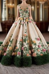 Champagne Green Tulle 3D Flower Evening Prom Dresses