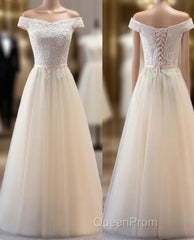 Champagne Lace Applique Off Shoulder Tulle Party Evening Prom Dresses