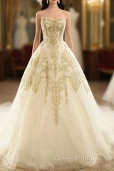 Champagne Lace Long Wedding Dresses, Champagne Bridal Dresses, Champagne Lace Wedding Evening Prom Gown