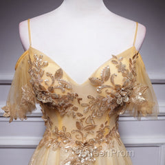 Champagne Lace Off Shoulder Long Party Dresses , Cute Tulle Formal Dresses Evening Prom Dresses