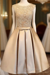 Champagne Lace Short Evening Prom Dresses, Cute Homecoming Dresses