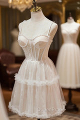 Champagne Lace Short Evening Prom Dresses, Spaghetti Straps Party Dresses with Pearl