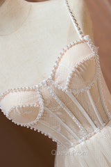 Champagne Lace Short Evening Prom Dresses, Spaghetti Straps Party Dresses with Pearl