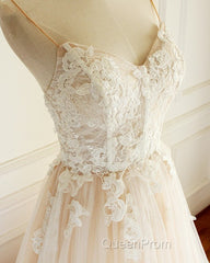 Champagne Long A-line Sweetheart Tulle Spaghetti Sweep Train Wedding Dresses