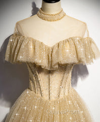 Champagne Long Evening Prom Dresses, Aline Champagne Graduation Dresses with Beading