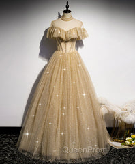 Champagne Long Evening Prom Dresses, Aline Champagne Graduation Dresses with Beading