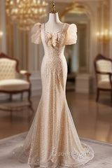 Champagne Mermaid Puff Sleeve Pearls Evening Prom Dresses
