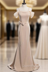 Champagne Mermaid Satin Spagehtti Straps Evening Prom Dresses With Sash