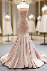 Champagne Mermaid Satin Strapless Beading Sequins Evening Prom Dresses