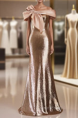 Champagne Mermaid Sequins Off the Shoulder Evening Prom Dresses