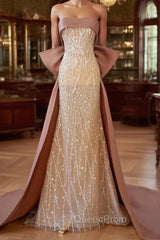 Champagne Mermaid Sequins Strapless Evening Prom Dresses