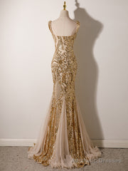 Champagne Mermaid Sequins Straps Evening Dress, Champagne Sequins Prom Dress