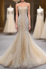 Champagne Mermaid Sequins Tulle Strapless Appliques Evening Prom Dresses