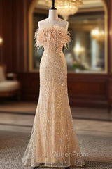 Champagne Mermaid Strapless Sequins Feather Evening Prom Dresses
