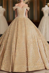 Champagne Off Shoulder Sequin Long Evening Prom Dresses, Champagne Evening Dresses