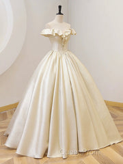 Champagne Off The Shoulder Floor Length Evening Prom Dresses, Elegant A-Line Evening Party Dresses