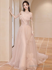 Champagne Pink A-Line Tulle Sequin Long Prom Dress, Champagne Pink Formal Dress