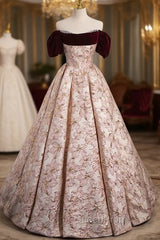 Champagne Pink Flower Puff Sleeve Evening Prom Dresses