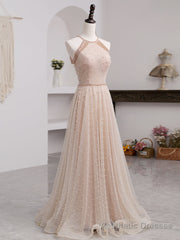 Champagne Pink Long Prom Dress, A Line Tulle Formal Dress Graduation Dresses