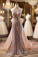 Champagne Pink Mermaid Sequins Beading Evening Prom Dresses