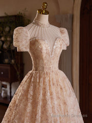 Champagne Pink Tulle Lace Tea Length Prom Dress with Beads