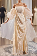 Champagne Puff Sleeve Pleats Evening Prom Dresses