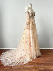 Champagne Puffy Sleeves Tulle Long Evening Dresses, Champagne Party Dresses Evening Prom Dresses