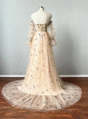 Champagne Puffy Sleeves Tulle Long Evening Dresses, Champagne Party Dresses Evening Prom Dresses