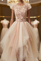 Champagne round neck tulle beads short Evening Prom Dresses, homecoming Dresses
