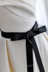 Champagne Satin Long A-Line Evening Prom Dresses, Strapless Evening Dresses