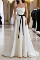 Champagne Satin Long A-Line Evening Prom Dresses, Strapless Evening Dresses