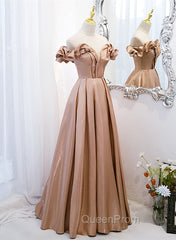 Champagne Satin Long Party Dresses Evening Prom Dresses, A-line Simple Evening Dresses