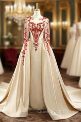 Champagne Satin Long Sleeve Beading Sequins Evening Prom Dresses