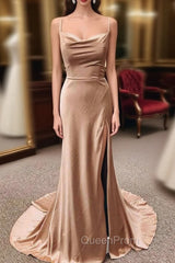Champagne Satin Mermaid Spaghetti Straps Evening Prom Dresses