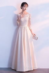 Champagne Satin With Lace Long Sleeves Evening Prom Dresses Evening Dresses, A-Line Simple Bridesmaid Dresses