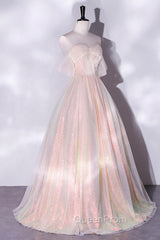 Champagne Sequins Long A-Line Evening Prom Dresses, Off the Shoulder Evening Party Dresses