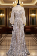 Champagne Sequins Long Sleeve Evening Prom Dresses