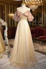 Champagne Sequins Straps Bow Evening Prom Dresses