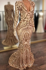 Champagne Sequins V-Neck Long Sleevess Mermaid Evening Prom Dresses