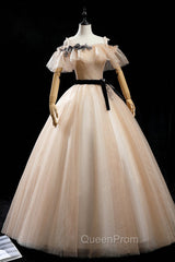 Champagne Shiny Tulle Floor Length Evening Prom Dresses, Off the Shoulder Evening Dresses