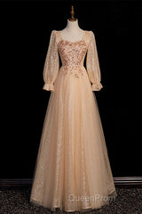 Champagne Short Sleeves Beaded Long Party Dresses, A-Line Tulle Evening Prom Dresses