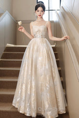 Champagne Spaghetti Strap Tulle Formal Dresses, A-Line Sweetheart Neck Evening Party Dresses