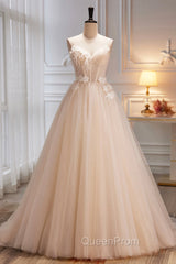 Champagne Spaghetti Strap Tulle Evening Dresses with Feathers, Cute A-Line Evening Dresses
