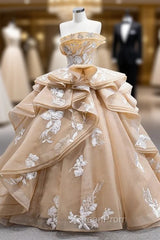 Champagne Strapless Tulle Appliques Evening Prom Dresses