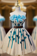 Champagne Strapless Tulle Flower Homecoming Dresses