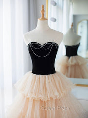 Champagne Sweetheart Neck Tulle Long Evening Prom Dresses, Champagne Evening Dresses