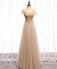 Champagne Sweetheart Tulle Lace Long Prom Dress Champagne Formal Dress