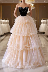 Champagne Sweetheart Tulle Layers Long Party Dresses, Strapless A-Line Evening Prom Dresses