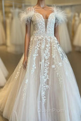 Champagne Tulle Appliques Feather Evening Prom Dresses