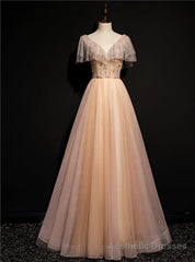 Champagne Tulle Beading V-neck Prom Dress